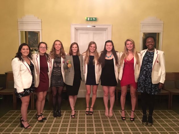 The Ospreys' committee 2017-18 with GB hockey player and Olympic Gold Medalist Helen Richardson-Walsh at the 2017 Michaelmas Speaker's Dinner. From left to right: Rhianna Miller, Emily Coales, Georgina Shepherd, (Helen Richardson-Walsh), Lizzie Withers, Claudia Feng, Blythe Burkhart and Emmaline Okafor